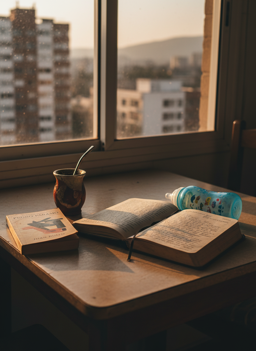A small, cluttered kitchen table in a Santiago apartment, its worn surface hosting an open journal with handwritten reflections, a paperback novel of Chilean literature, a chipped ceramic mate gourd, and a colorful baby bottle set off to the side. Through the nearby window, blurred hints of city buildings and distant hills suggest an urban Chilean neighborhood. Golden hour sunlight streams in low, bathing the table in a warm glow and casting long, soft shadows that emphasize the textures of paper, wood, and ceramic. Photographic realism, eye-level composition with rule-of-thirds framing, focusing on the open journal as the main subject. The atmosphere feels lived-in, authentic, and slightly chaotic yet tender, suggesting real stories of motherhood, reading, and self-discovery unfolding in an ordinary space.