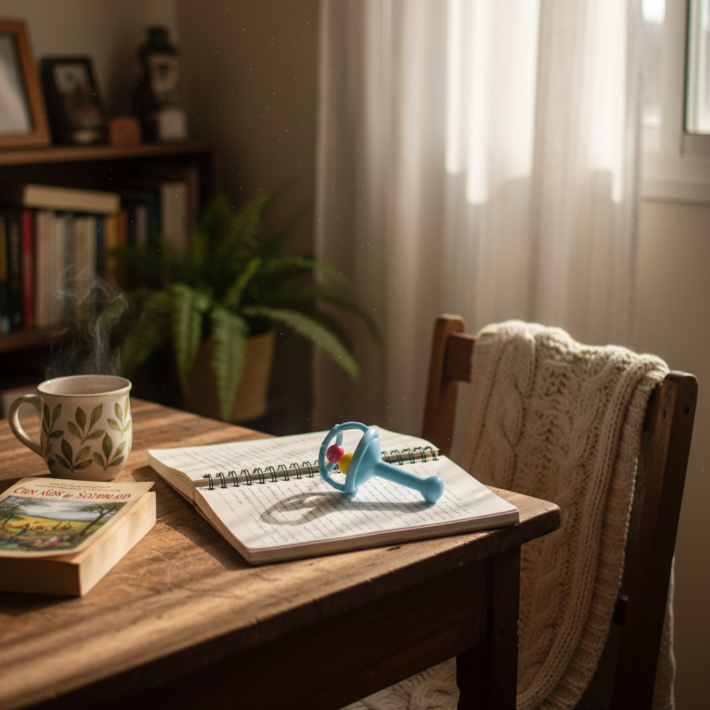 A well-worn wooden writing desk in a small, cozy Chilean apartment, its surface scattered with an open notebook filled with looping handwriting, a slightly crooked ceramic mug of herbal tea, a dog-eared novel in Spanish, and a single baby rattle lying unexpectedly among the pages. Soft morning light enters through a nearby window with gauzy curtains, casting gentle, elongated shadows and illuminating tiny dust particles in the air. A knitted blanket drapes over the back of a simple chair, hinting at interrupted reading and late-night reflections. Photographic realism, shot at eye level with a shallow depth of field, focusing sharply on the notebook and rattle, while the background bookshelves and potted plant blur into a warm, intimate, quietly playful atmosphere.