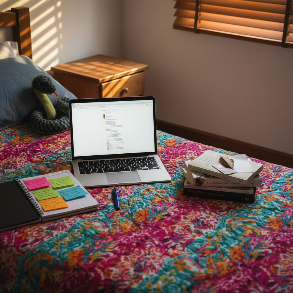 A neatly made bed with crumpled, brightly patterned quilt in a modest Latin American bedroom, its center occupied by an open laptop displaying a blank document, surrounded by a spiral notebook with colorful sticky notes, a fountain pen, and a stack of half-read books marked with mismatched bookmarks. Beside the pillow, a soft plush snake toy coils playfully, echoing the theme of unexpected motherhood. Afternoon light filters through partially closed blinds, creating stripes of warm illumination across the bedding. The mood is introspective yet playful, capturing the tension between creative ambitions and everyday life. Photographic realism, shot from a slightly elevated angle, with shallow depth of field emphasizing the laptop and plush snake while the rest gently blurs, evoking a space of personal growth and late-night writing sessions.